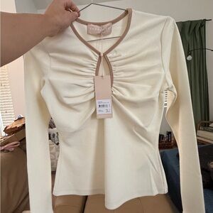 KEEPSAKE the Label Cream Long Sleeve Ruched Keyhole Top with Tan Trim